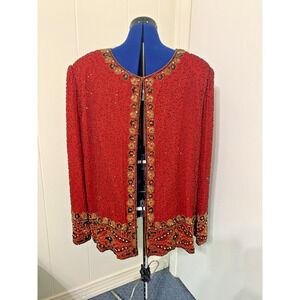 Vintage Lawrence Kazaar Silk Sequined Jacket Red 4X Holiday Party Mardi Gras